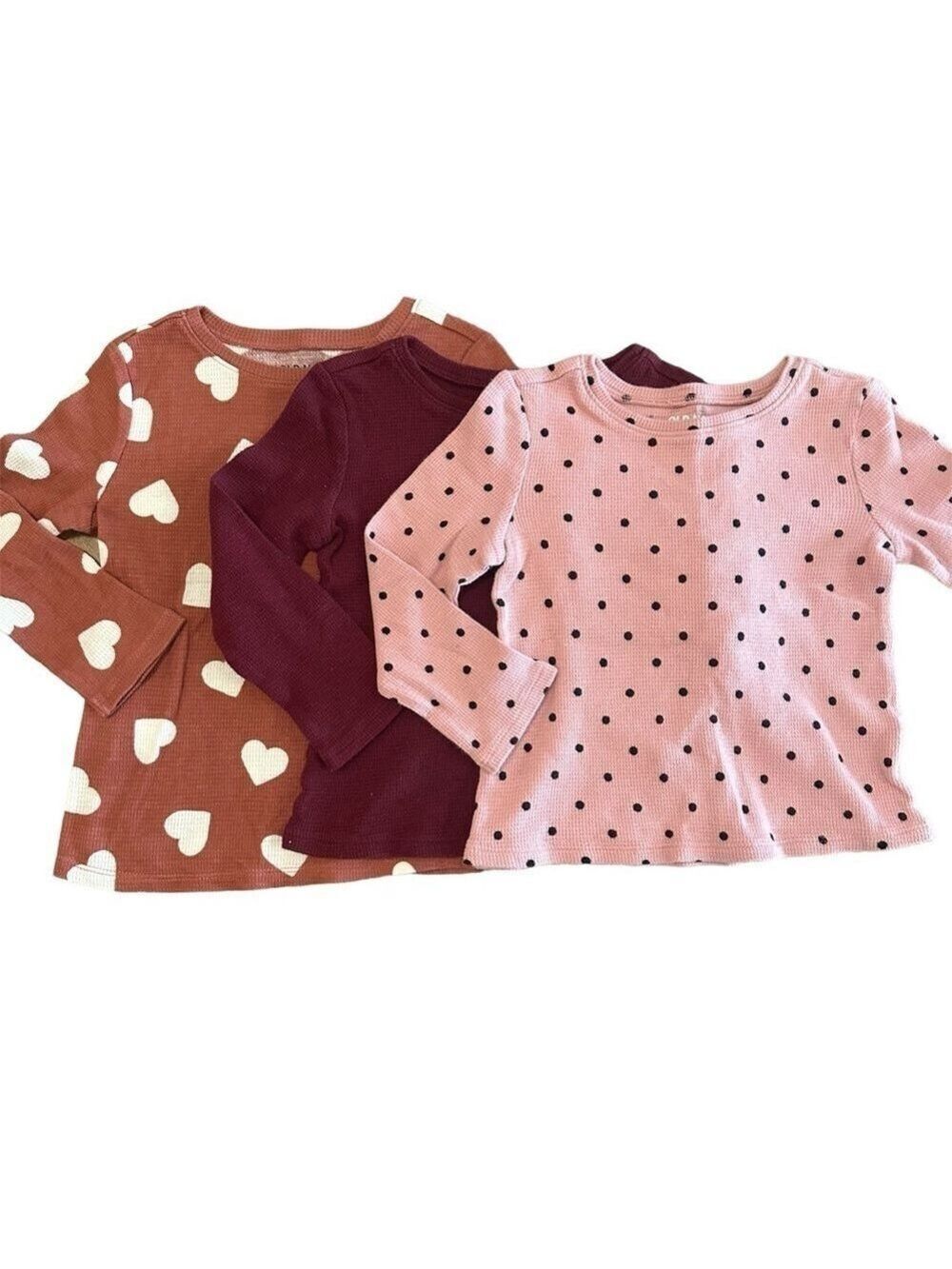 Old Navy Bundle of 3 Waffle Knit Crewneck Long Sleeve Tops in Polka Dot & Hearts